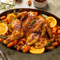 Roasted Maple and Orange Spatchcock Chicken with Root Vegetables