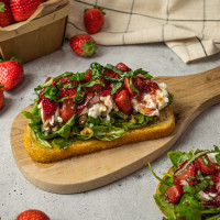 Strawberry Balsamic & Burrata Toast with Arugula Salad